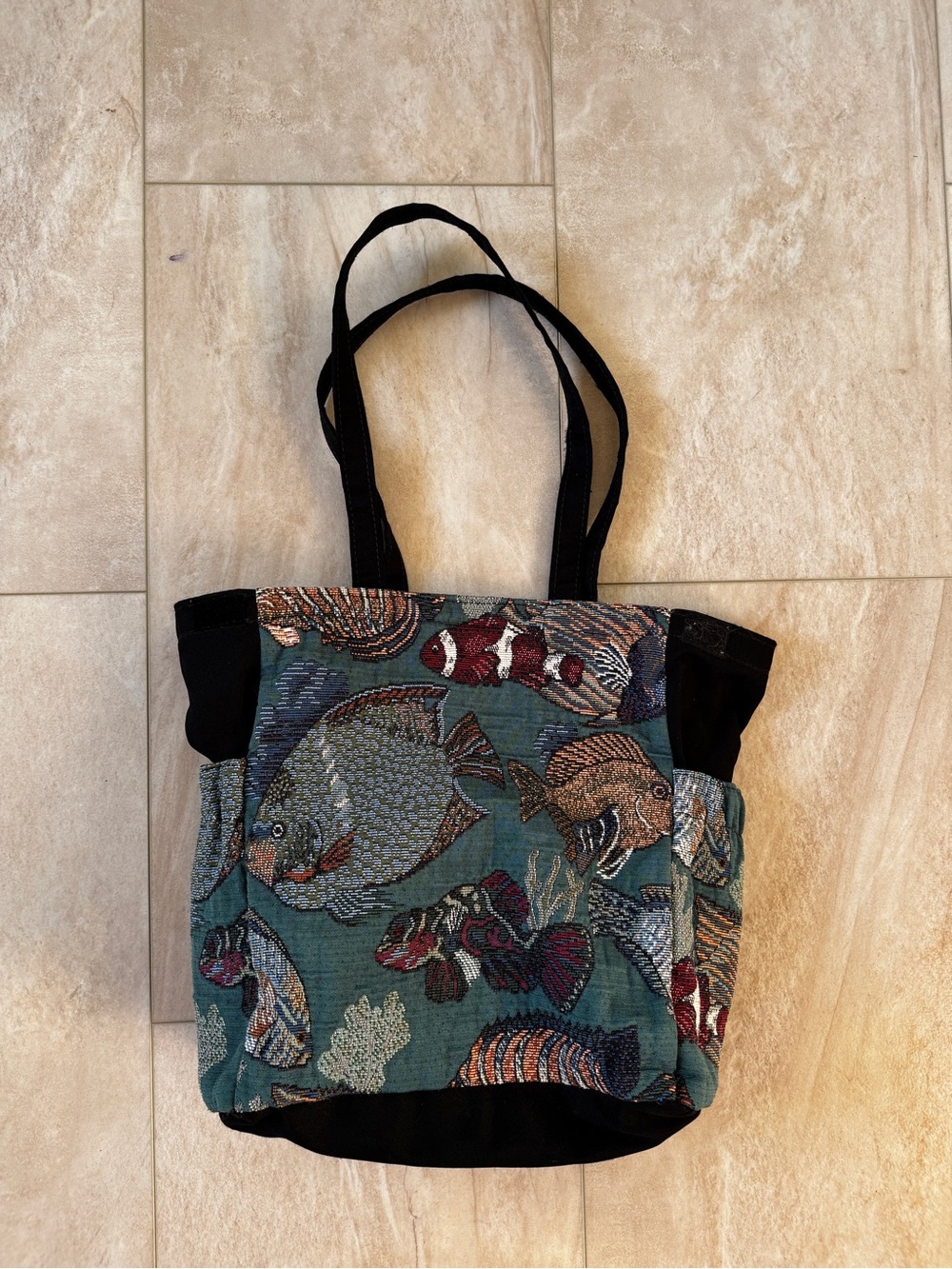 Handmade Ocean Fish Tapestry Tote Bag in Teal and Black
